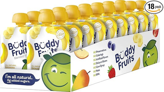 Buddy Fruits Snacks To Go Banana Unsweetened Applesauce 3.2oz Pouch (18pk) Gluten-Nut-Dairy-Preservatives-BPA Free, Non GMO, Kosher