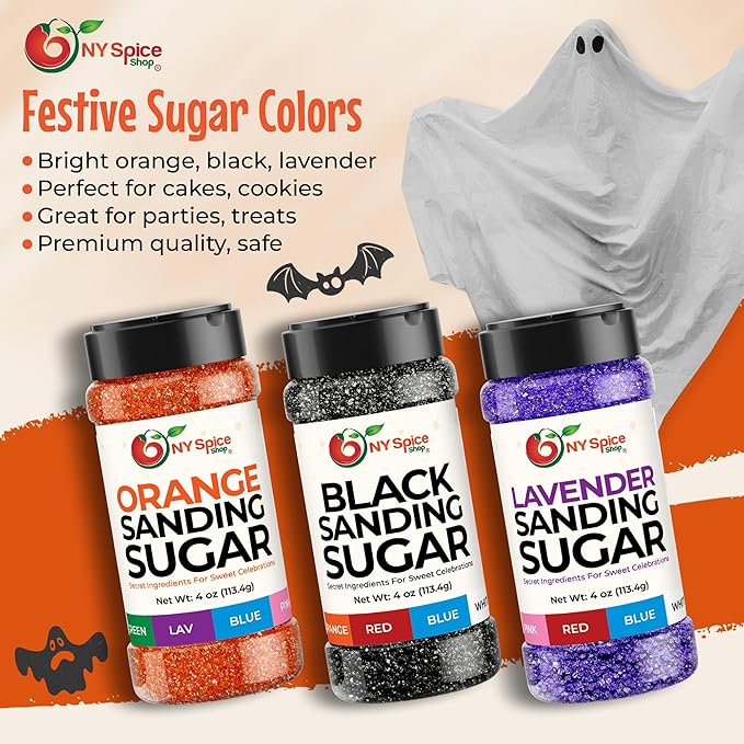 NY Spice Shop Orange-Black-Lavender Sanding Sugar - Sweet Colorful Edible Sprinkles for Candy Dishes, Cake Decorating, and Dessert Displays - 4 Ounce (Pack of 3)