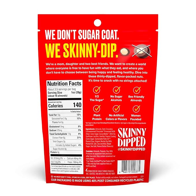 SkinnyDipped Dark Chocolate Peanut Butter Almonds, Healthy Snack, Plant Protein, Gluten Free, 3.5 oz Resealable Bags, (Pack of 5)