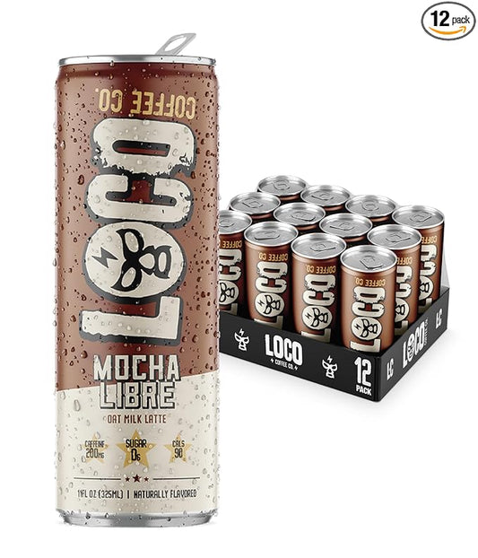 Loco Coffee Mocha Latte 11 Ounce Can, 12 Count | Zero Sugar, 200mg Caffeine | Gluten Free and Dairy Free | Low Calorie Iced Coffee