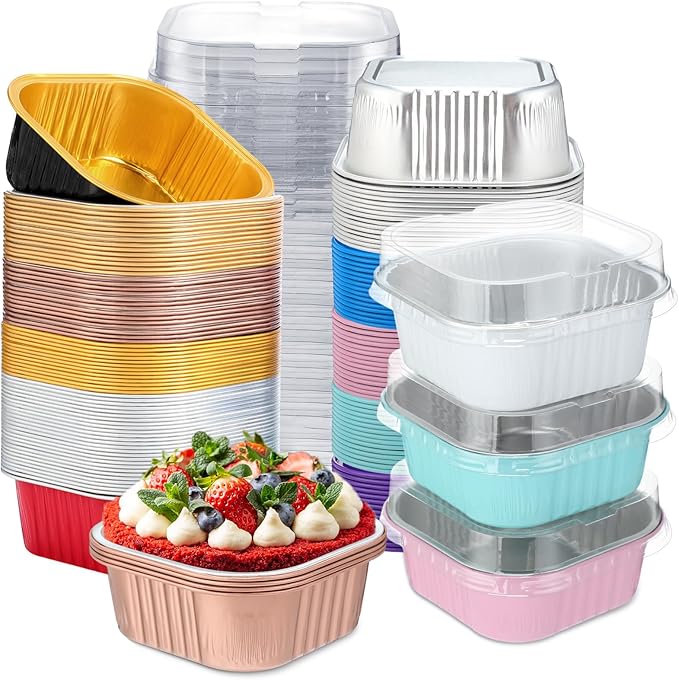 Aoriher 150 Pieces 10 oz Mini Cake Pans with Lids Aluminum Foil Baking Cups Square Disposable 4" x 4" Large Cupcake Cups Baking Tins for Kitchen Brownie Pudding Desserts Holders(Colored)