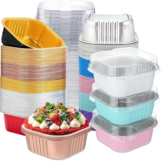 Aoriher 150 Pieces 10 oz Mini Cake Pans with Lids Aluminum Foil Baking Cups Square Disposable 4" x 4" Large Cupcake Cups Baking Tins for Kitchen Brownie Pudding Desserts Holders(Colored)