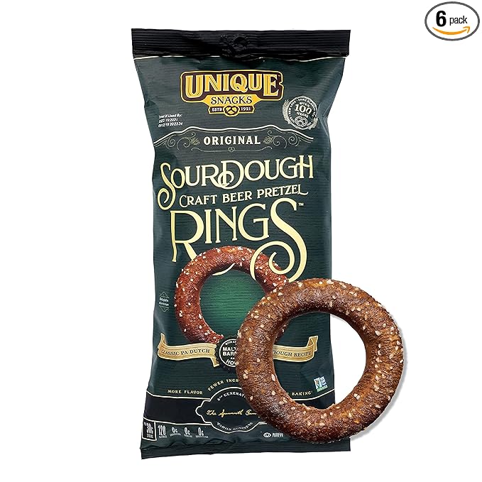 Unique Snacks Sourdough Craft Beer Pretzel Rings, Delicious Homestyle Baked Snack Bag, Vegan, OU Kosher, and Non-GMO Food, No Artificial Flavor, 11 Oz. Bag, Pack of 6