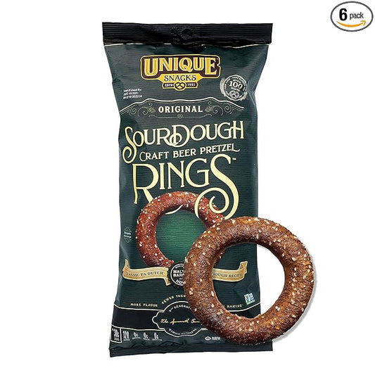 Unique Snacks Sourdough Craft Beer Pretzel Rings, Delicious Homestyle Baked Snack Bag, Vegan, OU Kosher, and Non-GMO Food, No Artificial Flavor, 11 Oz. Bag, Pack of 6