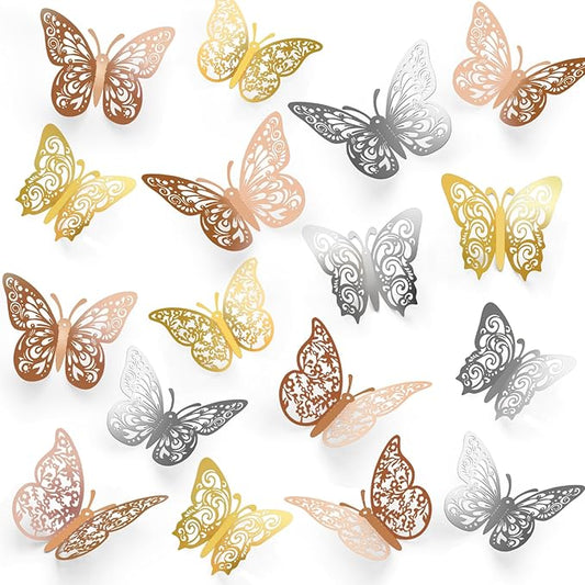 Crosize 72 Pcs Butterfly Decorations, 3 Sizes 3 Styles, 3D Butterfly Wall Decor, Butterfly Party Decorations, Birthday Decorations, Butterflies for Crafts, Cake Decorating(Rose Gold & Gold & Silver)