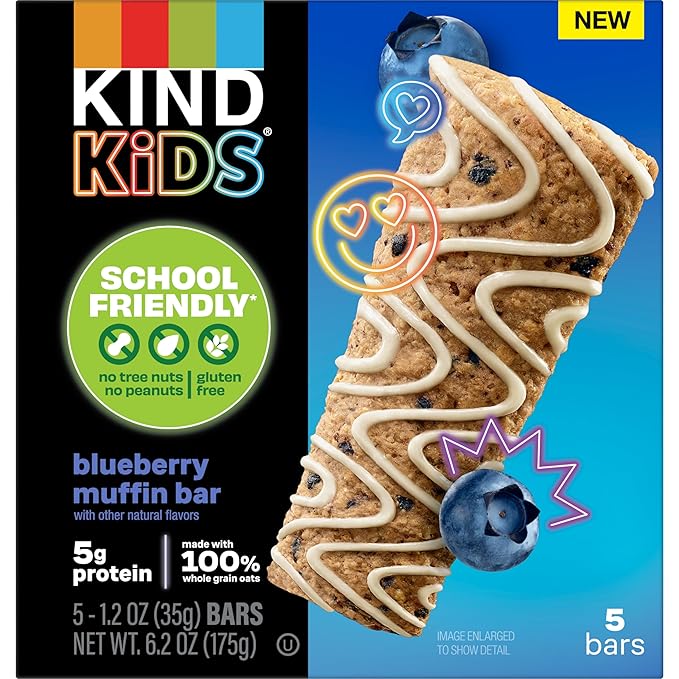 KIND Kids Snacks, Blueberry Muffin Bar, Tree Nut and Peanut Free, Gluten Free, Whole Grains and Oats, 5g Protein, 5 Count