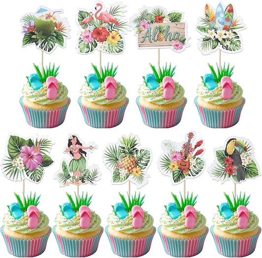 36 PCS Hawaii Luau Cupcake Toppers Tropical Palm Leaves Aloha Flamingo Pineapple Cupcake Picks Hawaiian Birthday Party Cake Decorations for Summer Hawaii Luau Baby Shower Birthday Party Supplies
