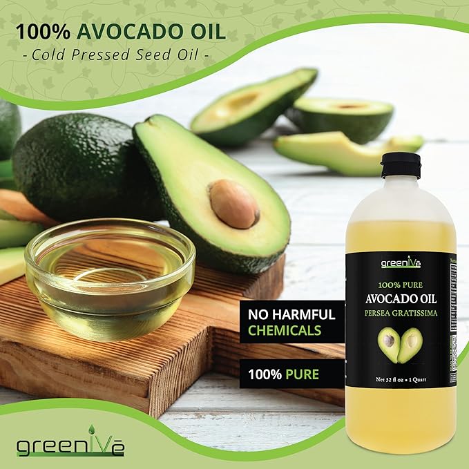 GreenIVe Avocado Oil Naturally Grown 100% Pure Natural without Additives, Clean, Cold Pressed, Non-GMO, Vegan: For Cooking, Frying, Baking and for Sauces, Dressings, Marinades, Salads (32 Ounce)