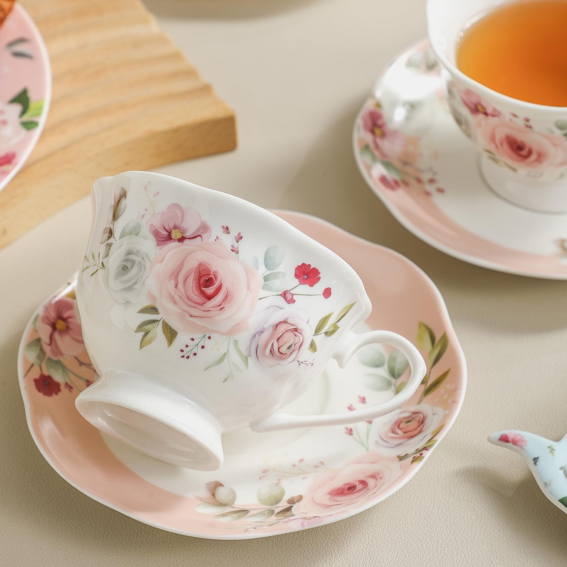 PRECITIME 6oz Floral Porcelain Tea Cup & Saucer Set of 6, Pink Rose, Party