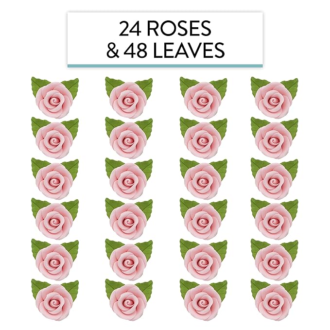 Global Sugar Art Premium Wedding & Party Edible Rose Cake & Cupcake Sugar Flowers, Pink, 24 Count with Leaves by Chef Alan Tetreault