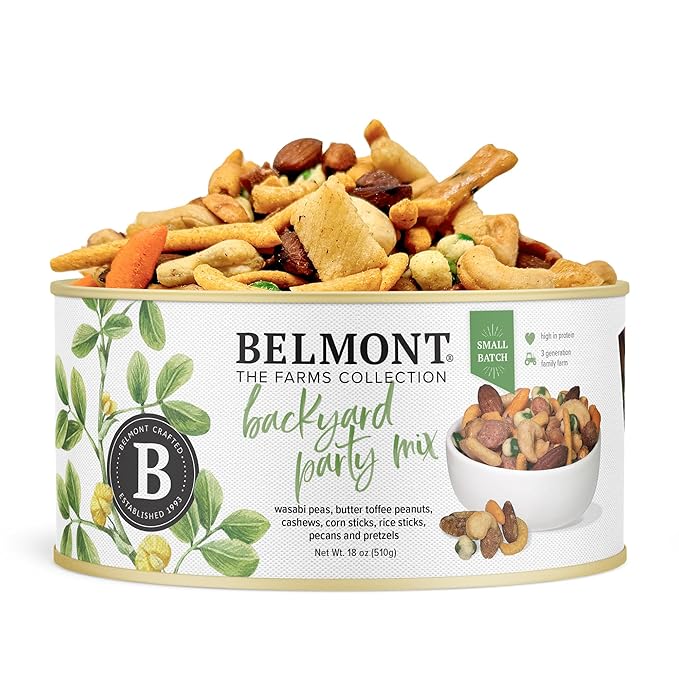 Belmont Peanuts Backyard Party Mix, 18 oz (Pack of 1) | Butter Toffee Peanuts, Wasabi Peas, Cashews, Corn & Rice Sticks, Pecans, Pretzels | Simple Ingredients, No Preservatives, Hand-Seasoned