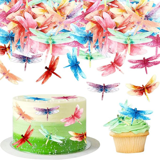 45PCS Edible Dragonfly Cupcake Toppers Wafer Paper Insect Themed Cake Decoration Drink Topper Wedding Baby bath Cake Decorations Garden Decorations Birthday Party Decoration Supplies