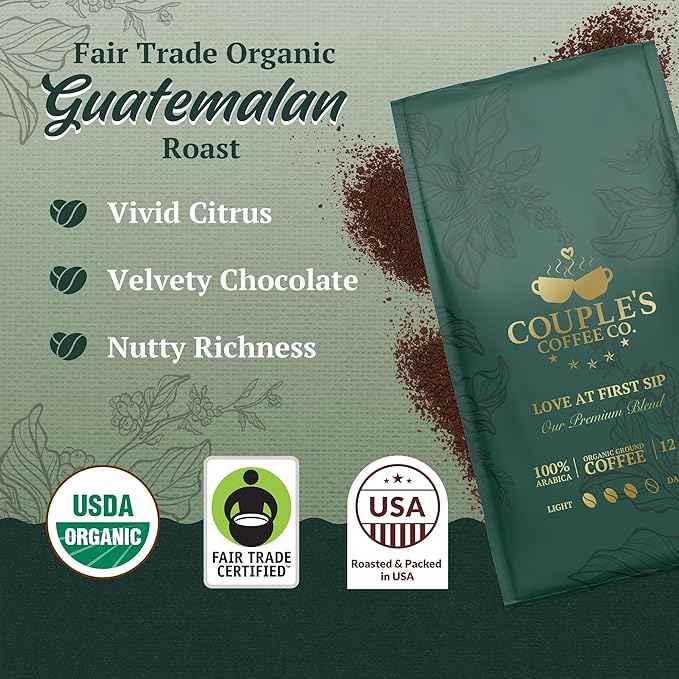 Couple?™s Coffee Ground Coffee | Gives Back to Military Families | Love at First Sip | Free Trade Organic Guatemalan Medium-Dark Roast | Made with 100% Arabica Beans | 12oz bag brews about 34 cups