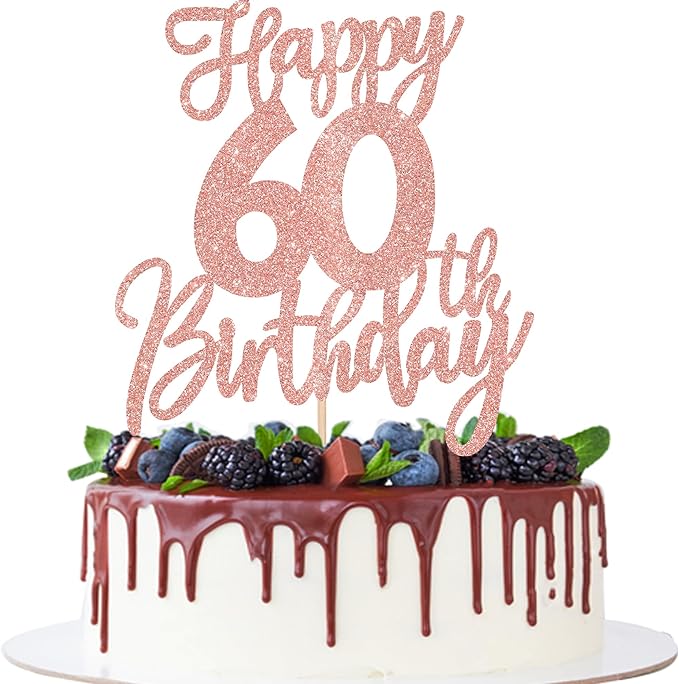 1 PCS Happy 60th Birthday Cake Topper Glitter Cheers to 60 Years Birthday Cake Pick Sixty Hello 60 Fabulous Cake Decoration for Happy 60th Birthday Anniversary Party Supplies Rose Gold