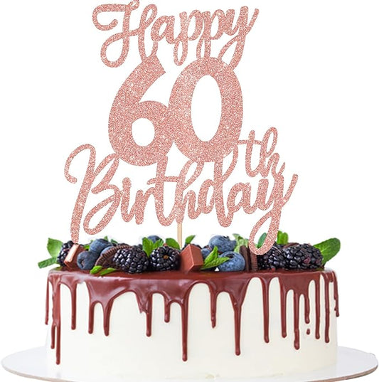 1 PCS Happy 60th Birthday Cake Topper Glitter Cheers to 60 Years Birthday Cake Pick Sixty Hello 60 Fabulous Cake Decoration for Happy 60th Birthday Anniversary Party Supplies Rose Gold