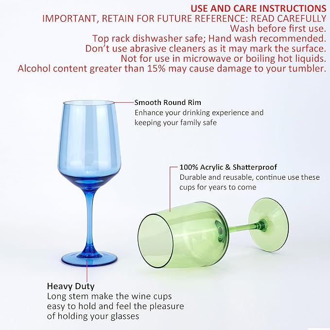 KOXIN-KARLU Unbreakable Classic 18 ounce All-Purpose Plastic Stem Wine Glasses Acrylic Glasses, set of 8 Multicolor