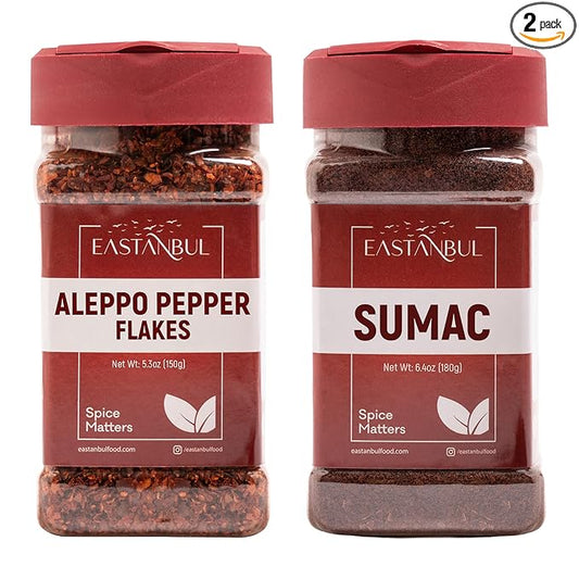 Aleppo Pepper and Sumac, Aleppo Pepper Flakes 5.3oz, Sumac Spice 6.4oz, Spice Set of Pul Biber and Sumak Seasoning, Moderate Heat Crushed Turkish Red Chili, Spice Buddies
