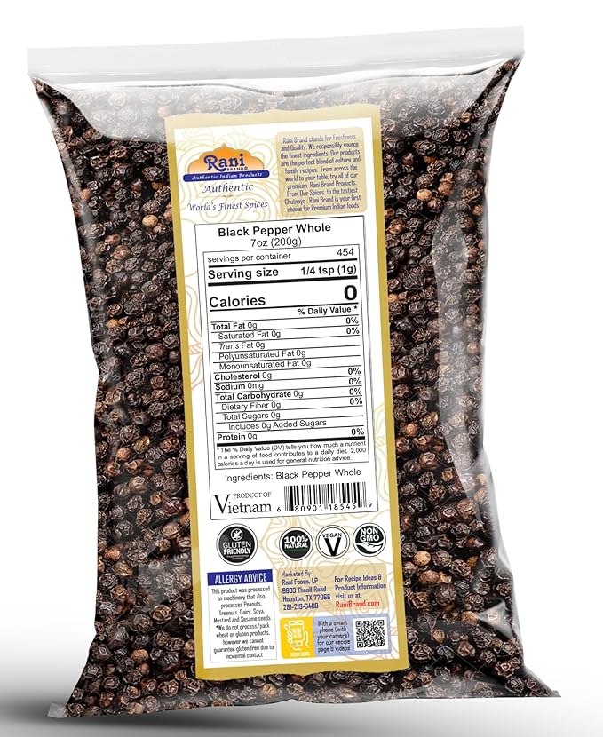Rani Black Pepper Whole (Peppercorns), Premium MG-1 Grade 7oz (200g) ~ All Natural | Gluten Friendly | Non-GMO | Kosher | Product of Vietnam | Perfect size for Grinders!