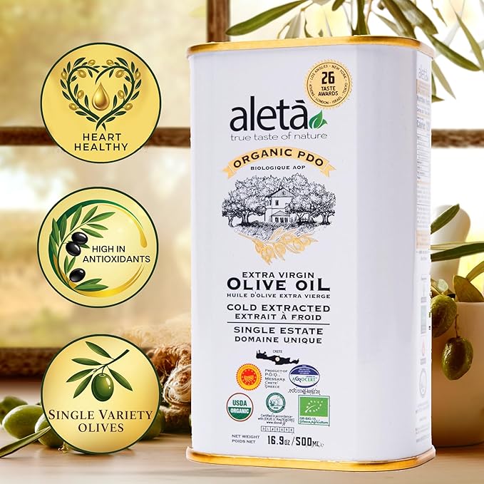 Aleta Farms Olive Oil Extra Virgin, USDA Organic, Single Estate PDO Polyphenol Rich Olive Oil, Cold Pressed, Global Gold Awards, EVOO, Kosher. 16.9 Fl Oz (Pack of 2)