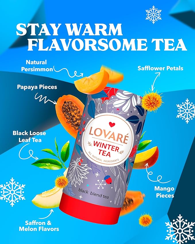 LOVARE Winter Loose Leaf Tea 80 g - Made in Ukraine ??Black Tea, Papaya & Mango Pieces, Safflower Petals, Persimmon, Saffron & Melon Flavors - Tea Lovers Gift Box with 15 Paper Filters