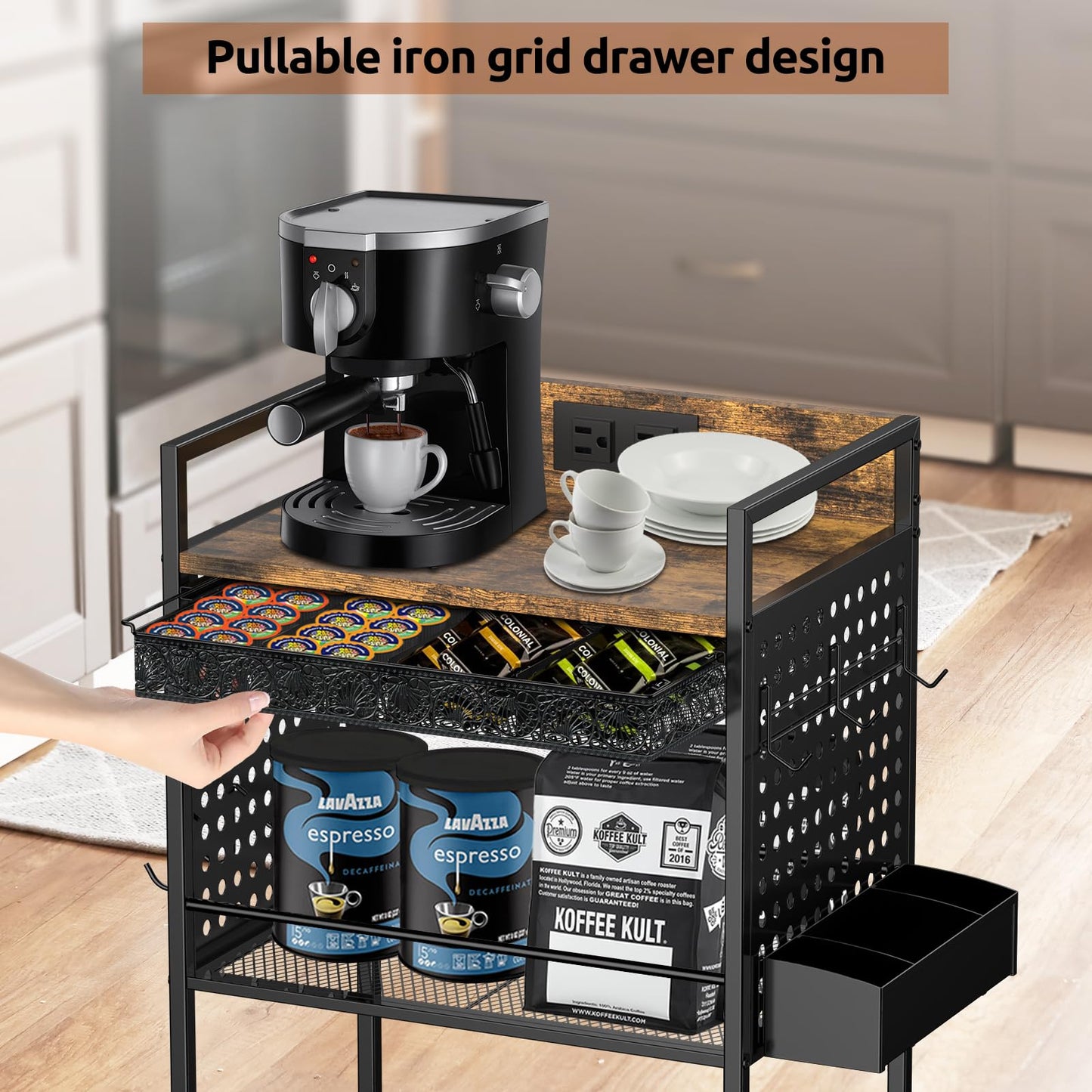 Compact Coffee Bar Cabinet, Rustic Brown & Black