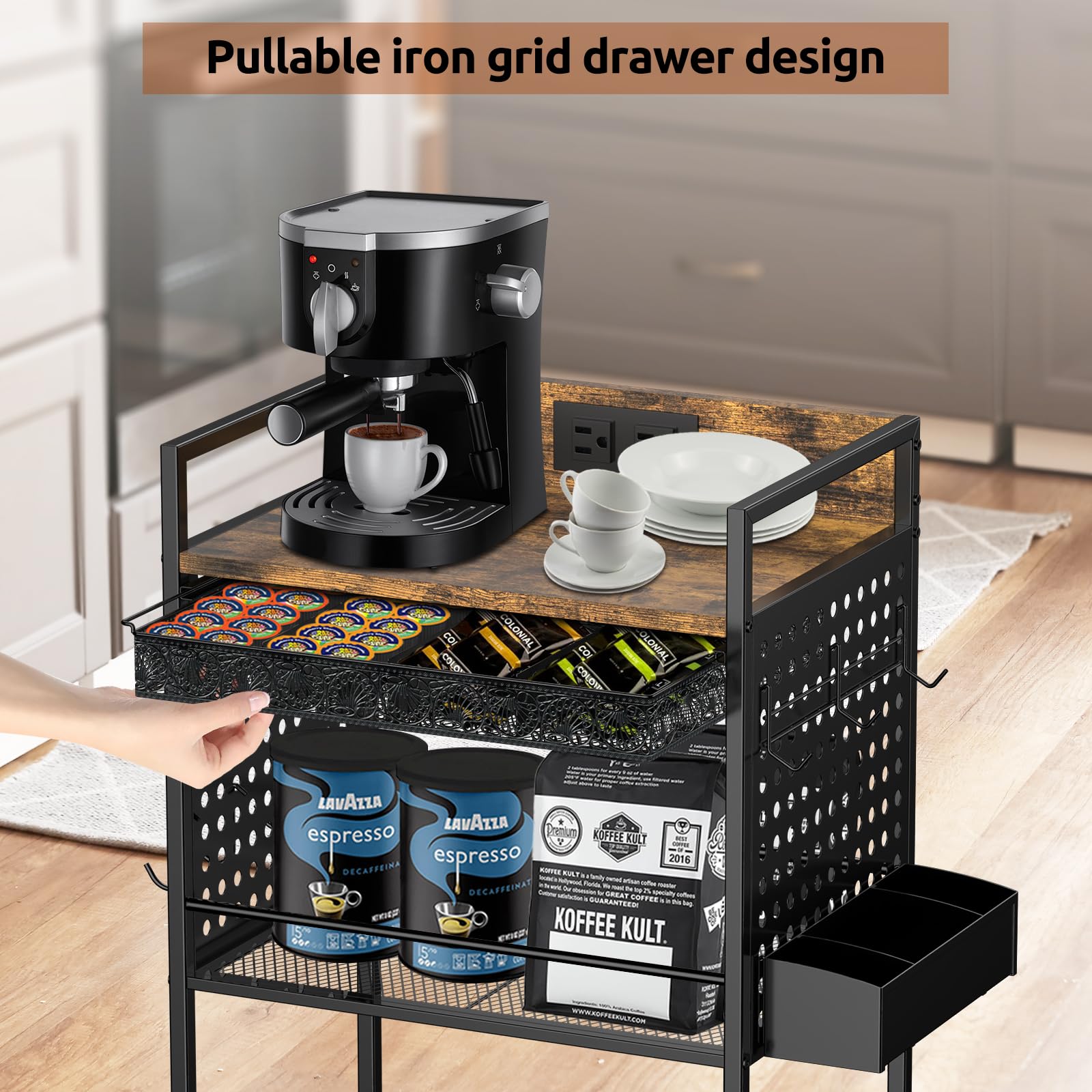 Compact Coffee Bar Cabinet, Rustic Brown & Black