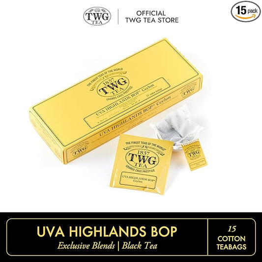 TWG Tea | UVA Highlands BOP | Black Tea | Golden Infusion | 15 Hand Sewn Cotton Tea Bags | Gift Set