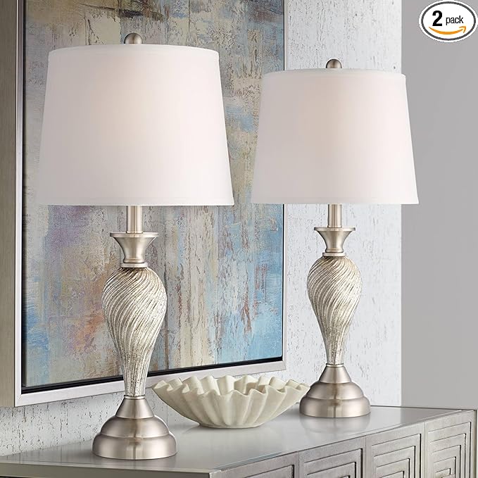 Regency Hill Arden 25" High Modern Table Lamps Set of 2 Table Top Dimmer Silver Brushed Nickel Finish Mercury Glass White Shade Living Room Bedroom Bedside Nightstand House Office Home Reading