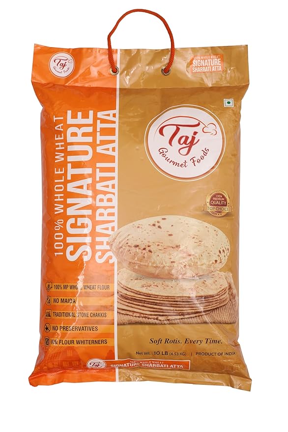 TAJ Signature Sharbati Atta, 10lbs, (Chakki Atta - Stone Ground) 100% Whole Wheat Flour, Chappati Flour