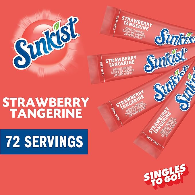 Sunkist Singles to go Drink Mix Packets, Strawberry Tangerine, 6-Count Box ??Powdered Drink Packets with Vitamin C, 72 Total Powder Sticks