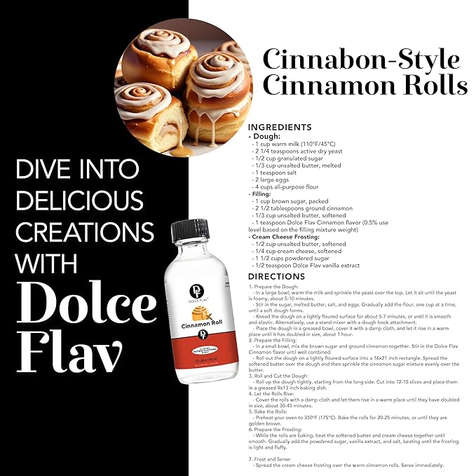 Dolce Flav Natural Cinnabon Extract ??2 Ounce Oil-Soluble Kosher, Sugar-Free, Concentrated Spicy Cinnabon Flavoring for Baking, Smoothies & Desserts, Includes Measured Dropper