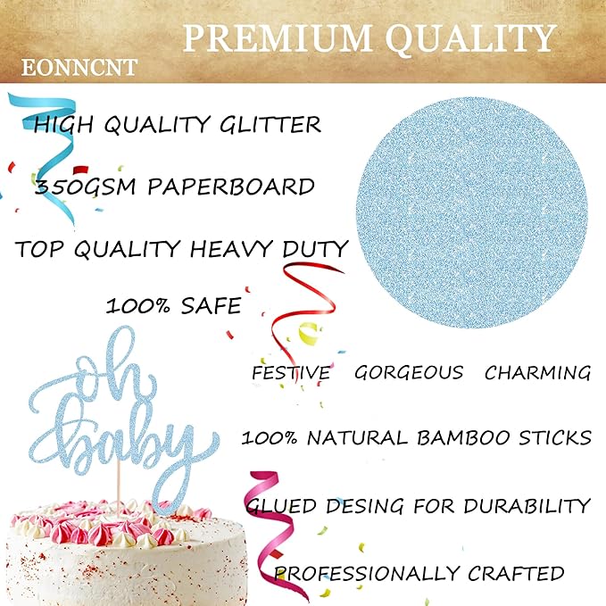 Oh Baby Cake Topper - Light Blue Glitter Baby Shower Cake Decorating Supplies for Boys or Girls, Baby Shower Cake Topper for Gender Reveal Baby Birthday Party Photo Booth Props