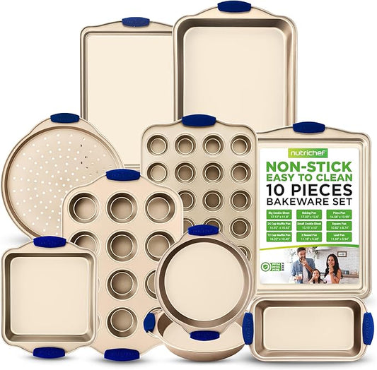 NutriChef 10-Piece Nonstick Bakeware Set - Premium Carbon Steel Baking Trays w/Heatsafe Silicone Handles, Includes Pizza Crisper, Loaf Pan, 12 & 24 Cup Muffin Pans, Round/Square Pans, Cookie Sheets