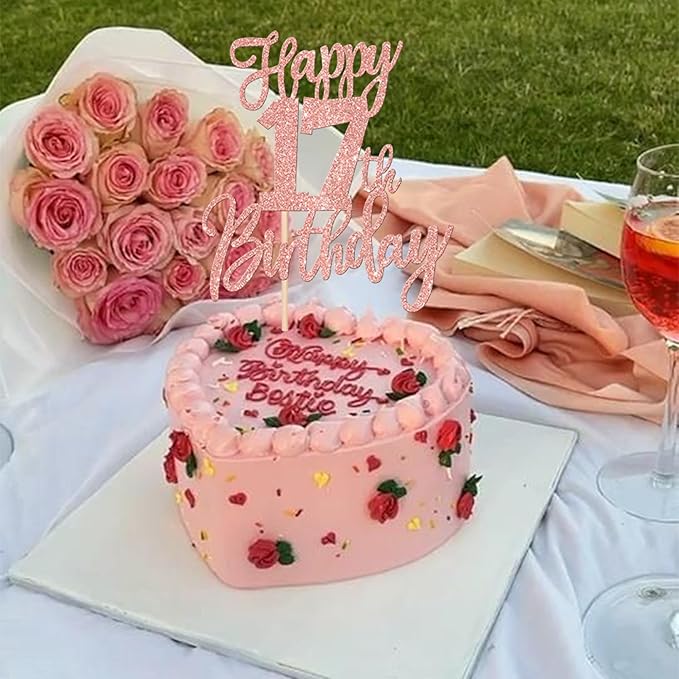 1 PCS Happy 17th Birthday Cake Topper Glitter Cheers to 17 Years Birthday Cake Pick Seventeen Hello 17 Cake Decoration for Happy 17th Birthday Anniversary Theme Party Decorations Rose Gold