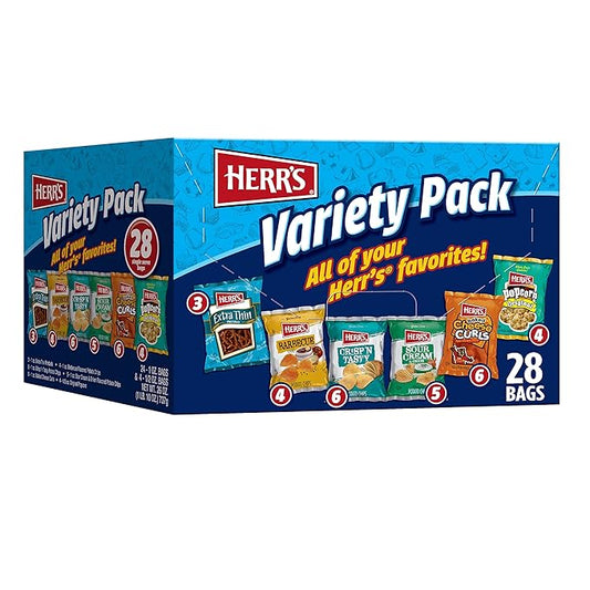 Herr?셲 Snacks Variety Pack, Potato Chips, Pretzels, Popcorn, Cheese Curls, 26oz Box (28 Bags)