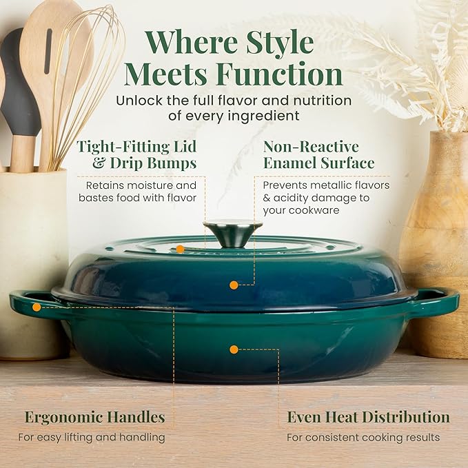 Larder & Vine Enameled Cast Iron Braiser | 3.6 qt Braiser Pan with Lid | Shallow Dutch Oven Compatible on All Cooktops | Casserole Dish Oven Safe to 500ì§?F | Dual Handles | Bondi