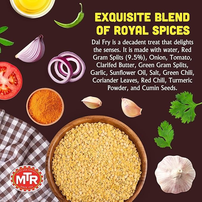 MTR - Minute Meals: Dal Fry - Flavorful Seasoned & Cooked Lentils - Authentic Indian Ready-To-Eat Meal - No Added Preservatives - A Quick Meal Suitable for Vegetarians, Ready in Minutes! (Pack of 6)