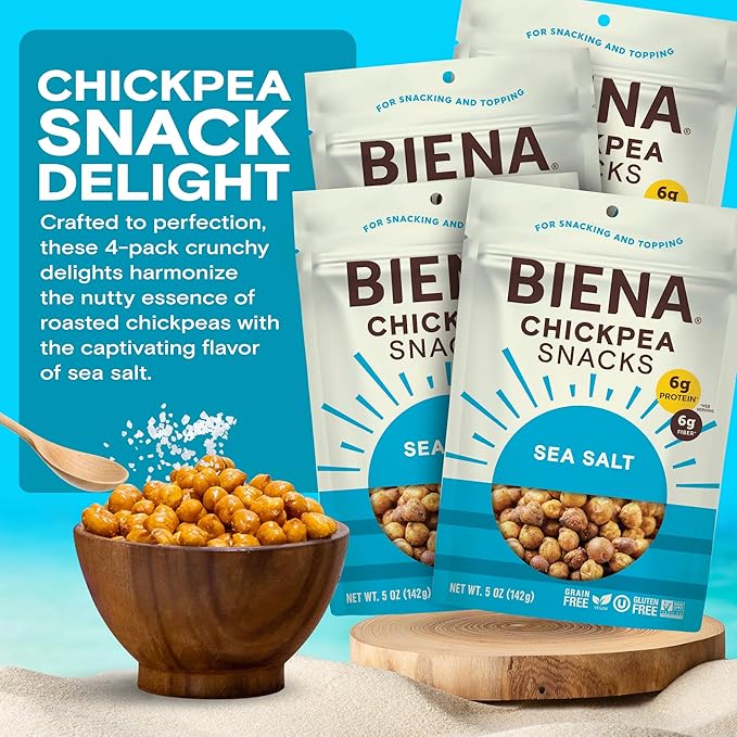 BIENA Chickpea Snacks - Crunchy Roasted Chickpeas - High Fiber Vegan Protein Snacks for Adults and Kids - 4-Pack, 5 Ounce Bags - Sea Salt