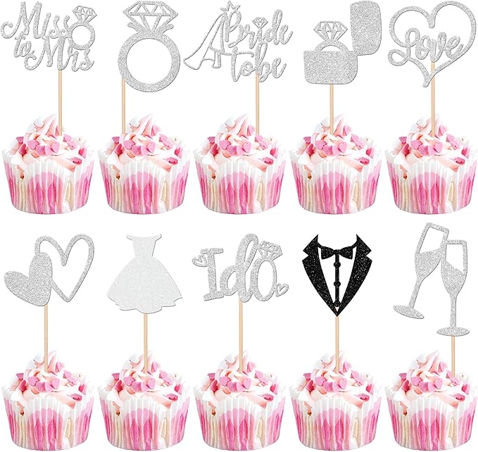 30 PCS Bride to Be Cupcake Toppers Glitter Wedding Cupcake Decorations I Do Love Heart Ring Miss to Mrs Cupcake Picks for Wedding Engagement Bridal Shower Party Cake Decorations Supplies Silver