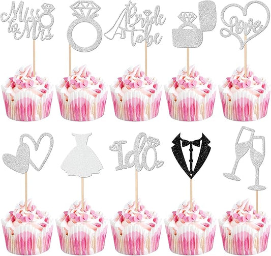 30 PCS Bride to Be Cupcake Toppers Glitter Wedding Cupcake Decorations I Do Love Heart Ring Miss to Mrs Cupcake Picks for Wedding Engagement Bridal Shower Party Cake Decorations Supplies Silver