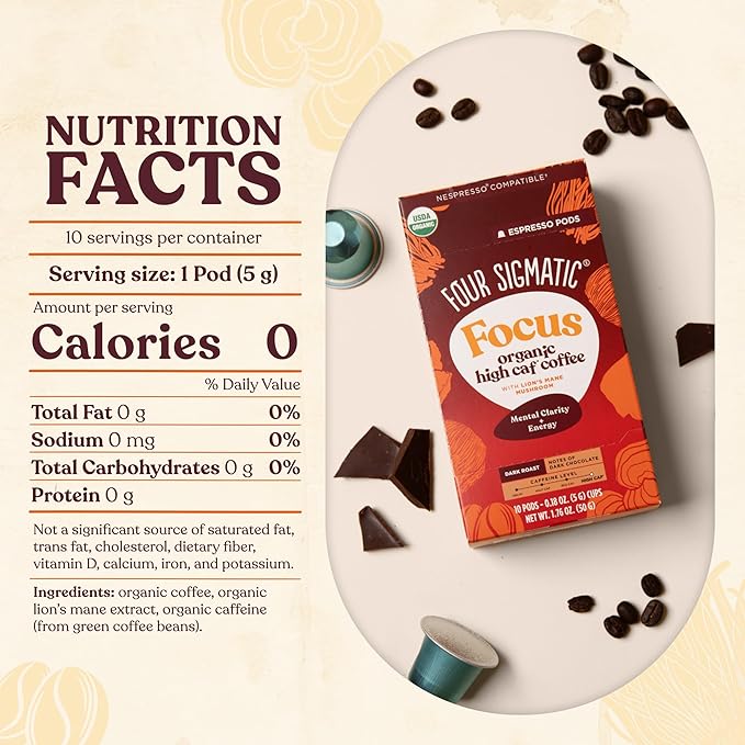 Four Sigmatic Focus High Caffeine Coffee Pods Compatible with Nespresso Original | Organic Dark Roast Espresso with Added Focus | Mushroom Coffee Enhanced with Lion's Mane | High Caffeine 10ct