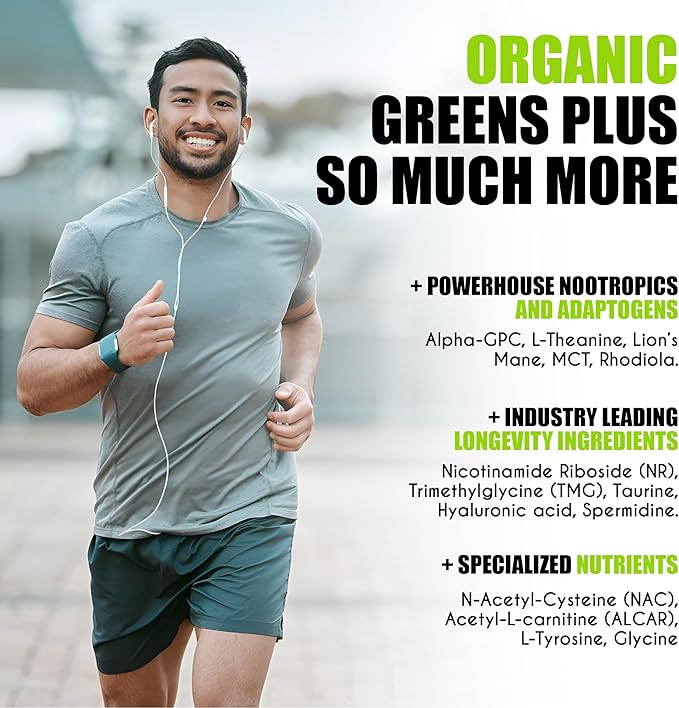 Nootropic Greens - Premium All-in-One Body, Brain & Longevity Optimization Nutrition. Organic Greens & Superfoods, Alpha-GPC, L-Theanine, Lion?™s Mane, TMG, NR, NAC & More. (15.9 oz)