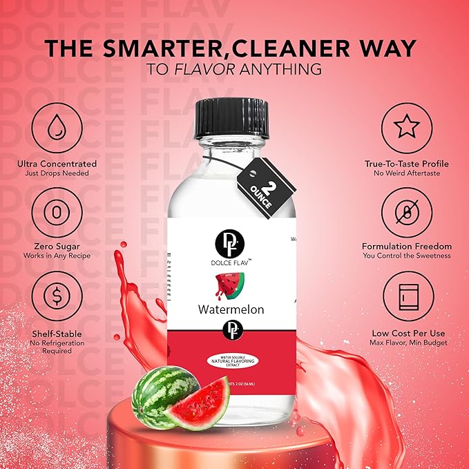 Dolce Flav Natural Watermelon Flavoring ??Sweet, Juicy Summer Fruit Taste | 2 oz Extract for Baking, Drinks & Frozen Treats | Graduated Dropper Included | Water-Soluble | Kosher | Made in USA