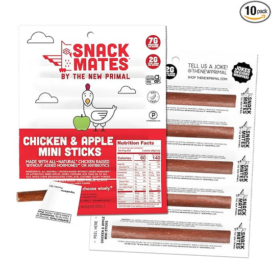 New Primal Snack Mates Chicken & Apple Sticks, Gluten Free Healthy Snacks for Kids, Low Sugar High Protein Back to School Snacks, Mini Paleo Jerky Meat Stick, 7g Protein, 60 Calories, 0.5 Ounce (10 Pack)