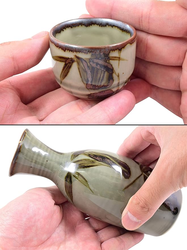 Product of Gifu Japan Japanese Sake Set, 1 Tokkuri Bottle Carafe and 4 Ochoko Cups Ceramic Sake Glasses, 5 Piece Set, Green Mashikodake