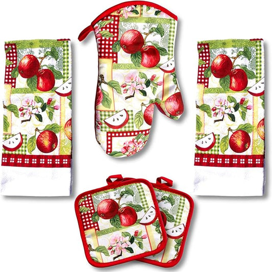 Lobyn Value Packs - 5 Piece Country Kitchen Towel Set: Features Red Apples on a Patchwork Quilt, 2 Decorative Dish Towels, 1 Oven Mitt, and 2 Quilted Potholders