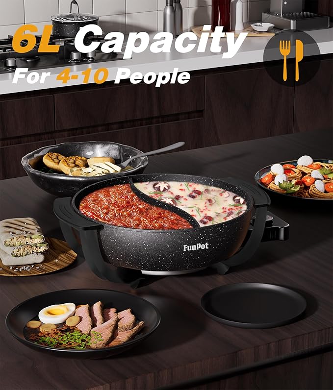 6L Electric Hot Pot with Black Graphene Handles, 1100W Adjustable Temperature Control, Non-Stick Coating, Dual Compartment & Overheat Safe (Simple On/Off Control)