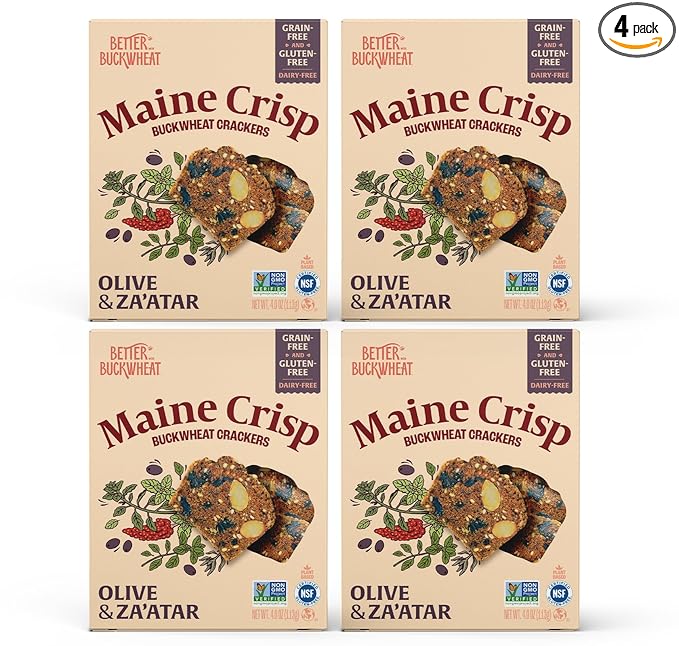 Maine Crisp Olive & Za'atar Crisps, 4 Pack, Gluten Free Crackers - Snack Crackers, Grain Free, Non-GMO - Sweet & Savory Flavor, For Cheese Boards, Salad Toppings & Jams