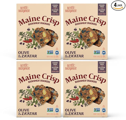 Maine Crisp Olive & Za'atar Crisps, 4 Pack, Gluten Free Crackers - Snack Crackers, Grain Free, Non-GMO - Sweet & Savory Flavor, For Cheese Boards, Salad Toppings & Jams