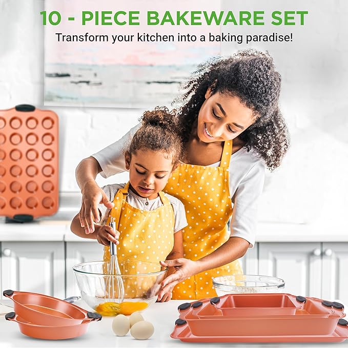 NutriChef 10-Piece Nonstick Baking Pan Set – Durable Carbon Steel Bakeware with Silicone Handles – Bakeware set Includes Cookie Sheet, Muffin, Cake, Pizza & Roasting Pans – Even Heating, Easy Cleanup